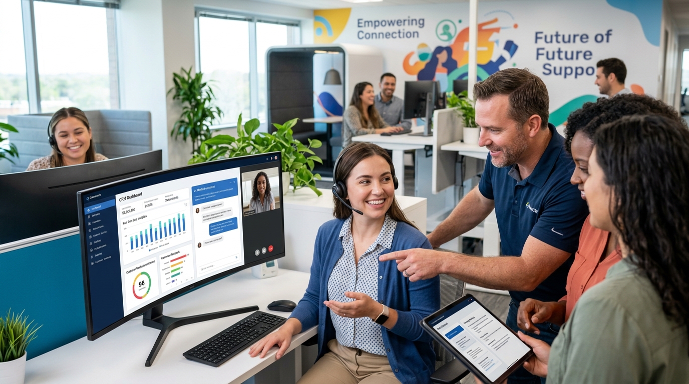 A wide-angle, brightly lit photograph taken from a medium distance shows a diverse team of employees working in a modern, open-plan office designed for call center and customer support. In the foreground, four employees are grouped around a white desk. A woman with dark brown hair wearing a blue cardigan and a headset sits at a large curved monitor, smiling. Next to her, a man in a navy blue polo shirt with a company logo points at the monitor, which displays a CRM dashboard, charts, and a video call interface, while looking at another woman who is holding a tablet. A fourth employee stands slightly behind. In the background, other coworkers are visible working at desks and within office pods, and a colorful mural on the back wall features icons and text that reads "Empowering Connection" and "Future of Support." The office features large windows on the left and a teal desk divider in the foreground.