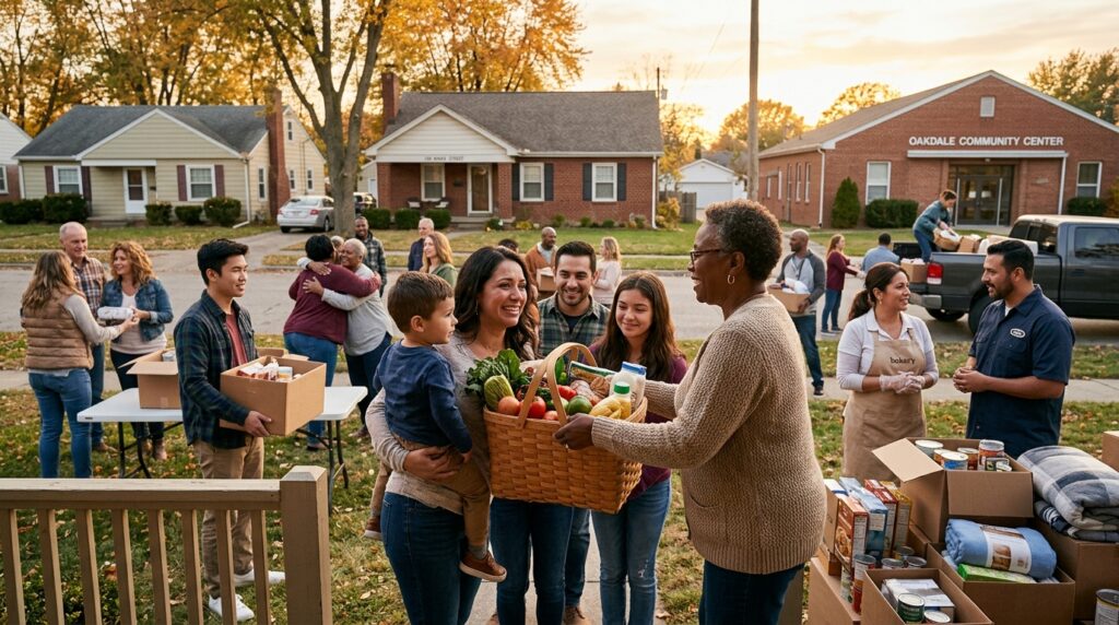 Community members providing support and assistance to a family facing hardship after a tragedy.