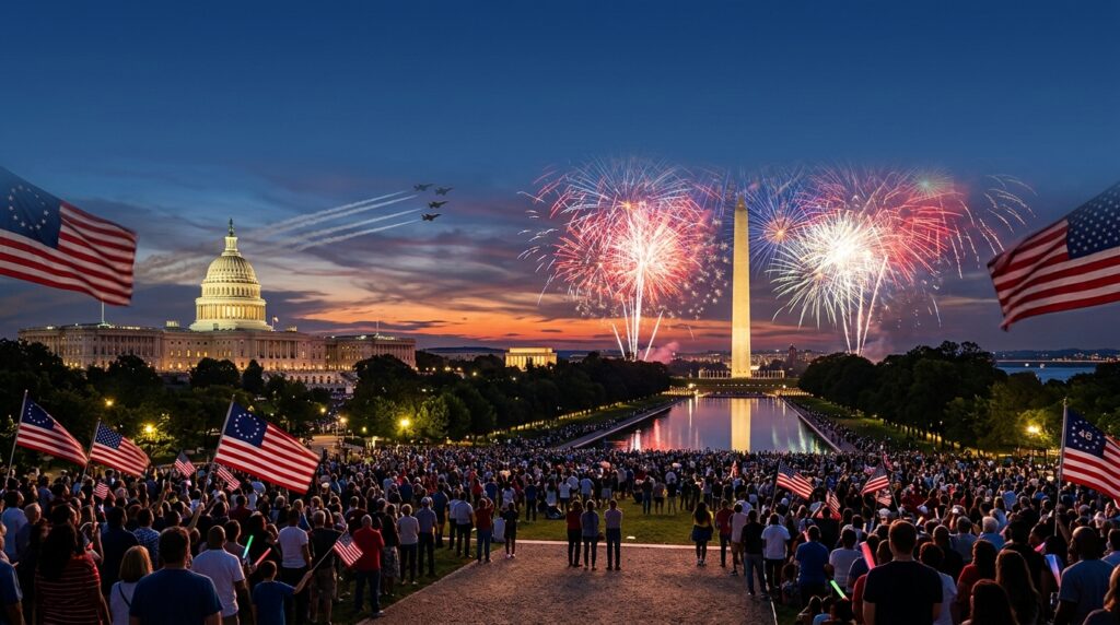 A large crowd gathered on the National Mall in Washington, D.C., watching a vibrant Fourth of July fireworks display burst in the sky around the Washington Monument. The lit U.S. Capitol Building stands to the left under a twilight sky, with military jets flying overhead leaving vapor trails. American flags flank the sides and are held by spectators in the foreground, with the Reflecting Pool mirroring the scene.